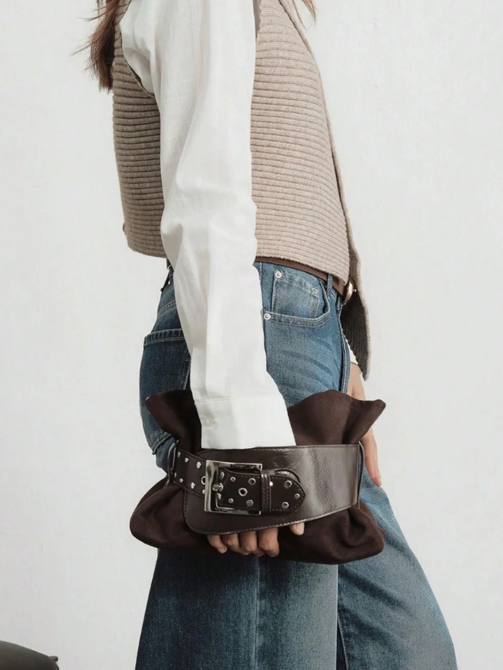 Luxe Vegan Suede Studded Belted Small Clutch Bag
